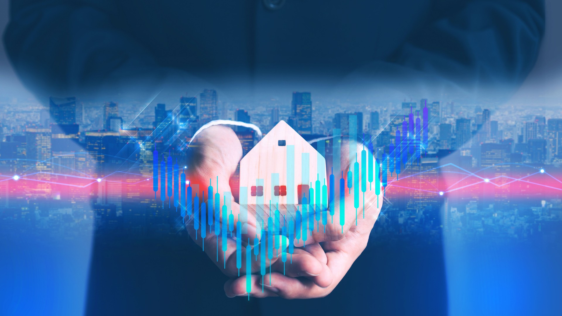 Businessman holding house model with city hologram show financial stock market increase profit cyber punk theme color